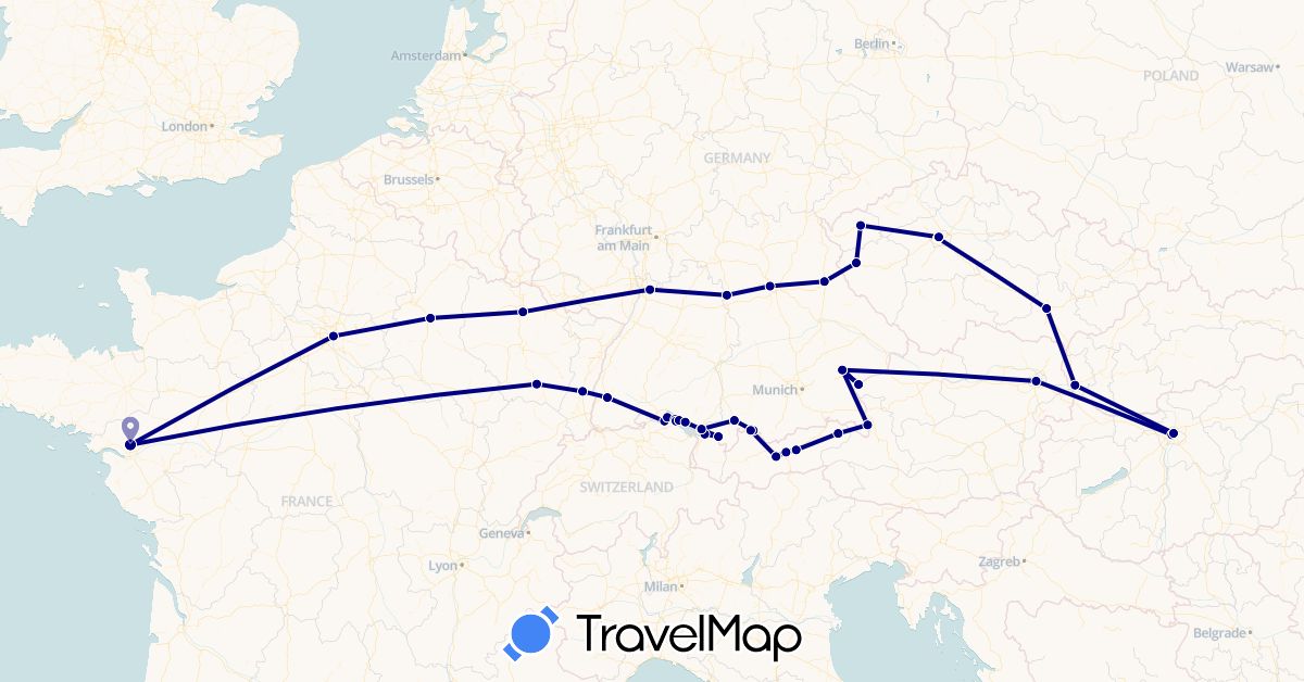 TravelMap itinerary: driving in Austria, Czech Republic, Germany, France, Hungary, Slovakia (Europe)